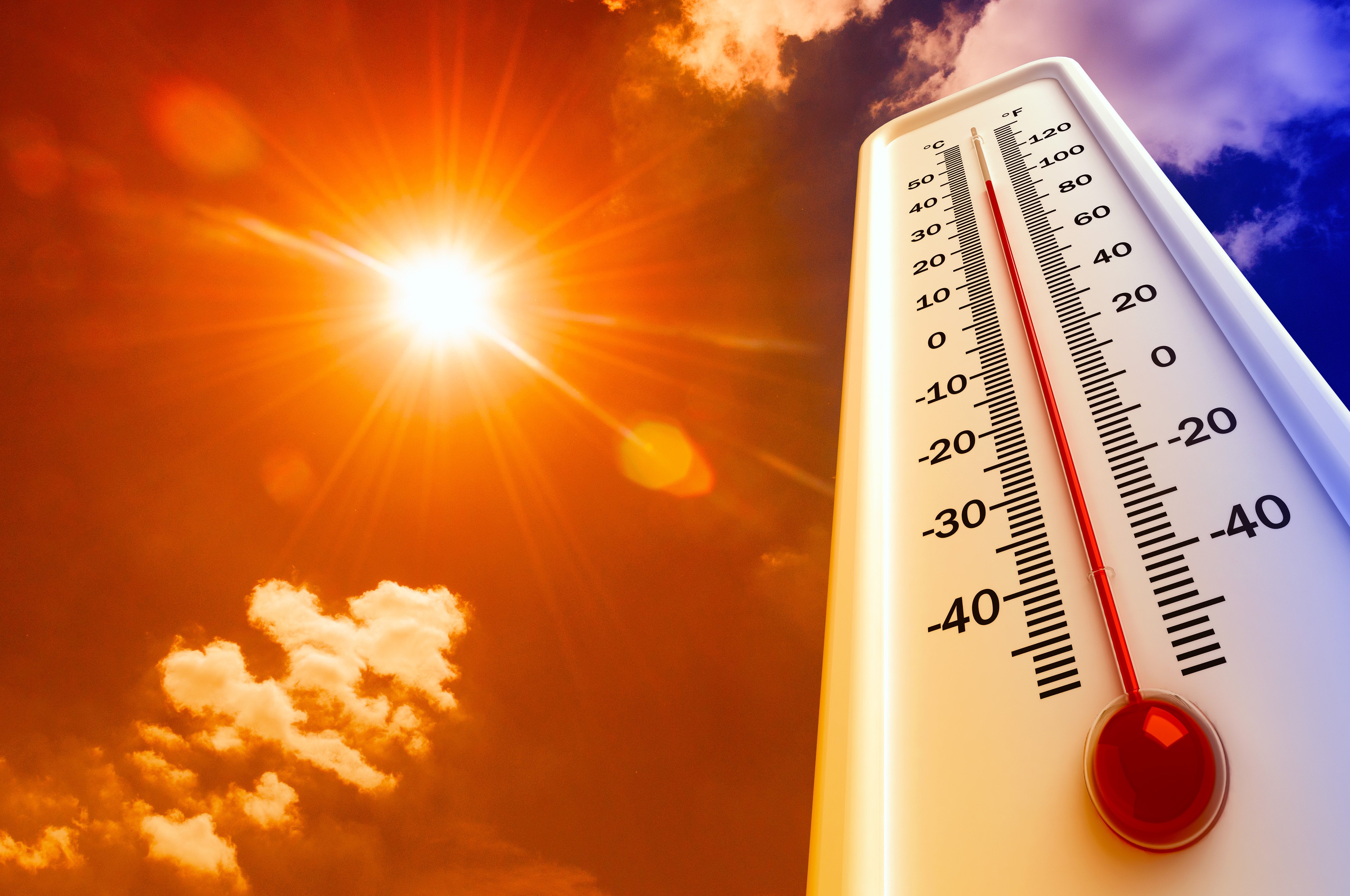 Image of sun with thermometer showing high temperature
