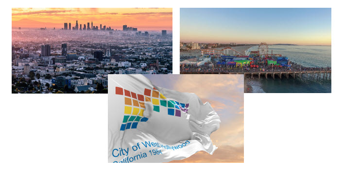 Montage of skyline views of Los Angeles and Santa Monica with a city flag of West Hollywood waving in the foreground